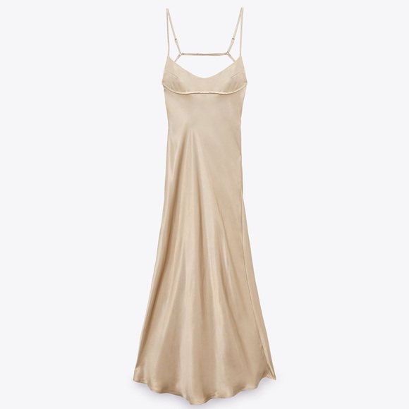 beige silk dress zara Slip Dress Vestito Midi Satin Zara LACE SATIN DRESS Light Beige ZARA Thailand